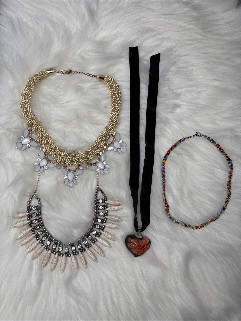 Lot of 4 Necklaces Statement Necklace, Heart Glass Pendant & Rainbow Multi-Color